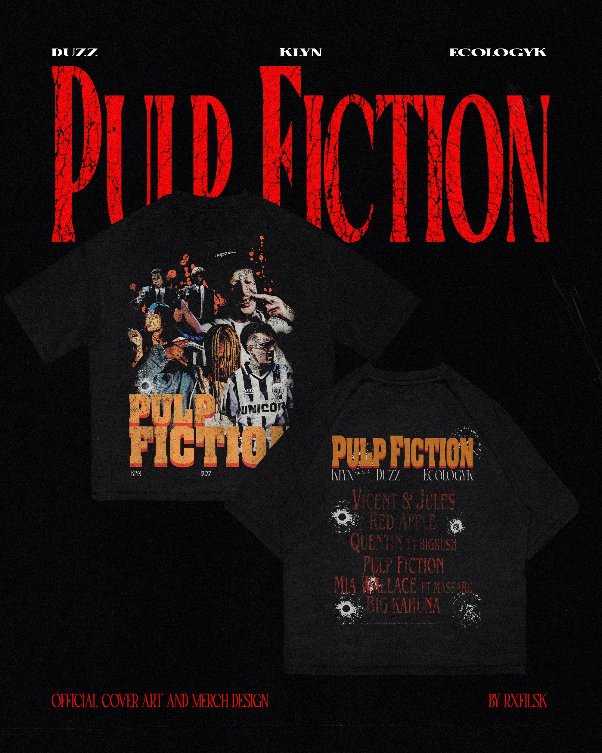 Arte oficial com os dois modelos de camiseta do drop Pulp Fiction